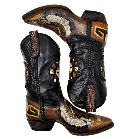 Custom 9D Hand Tooled/ Painted Native American Chief boots Vintage 1995 Western - Picture 8 of 16